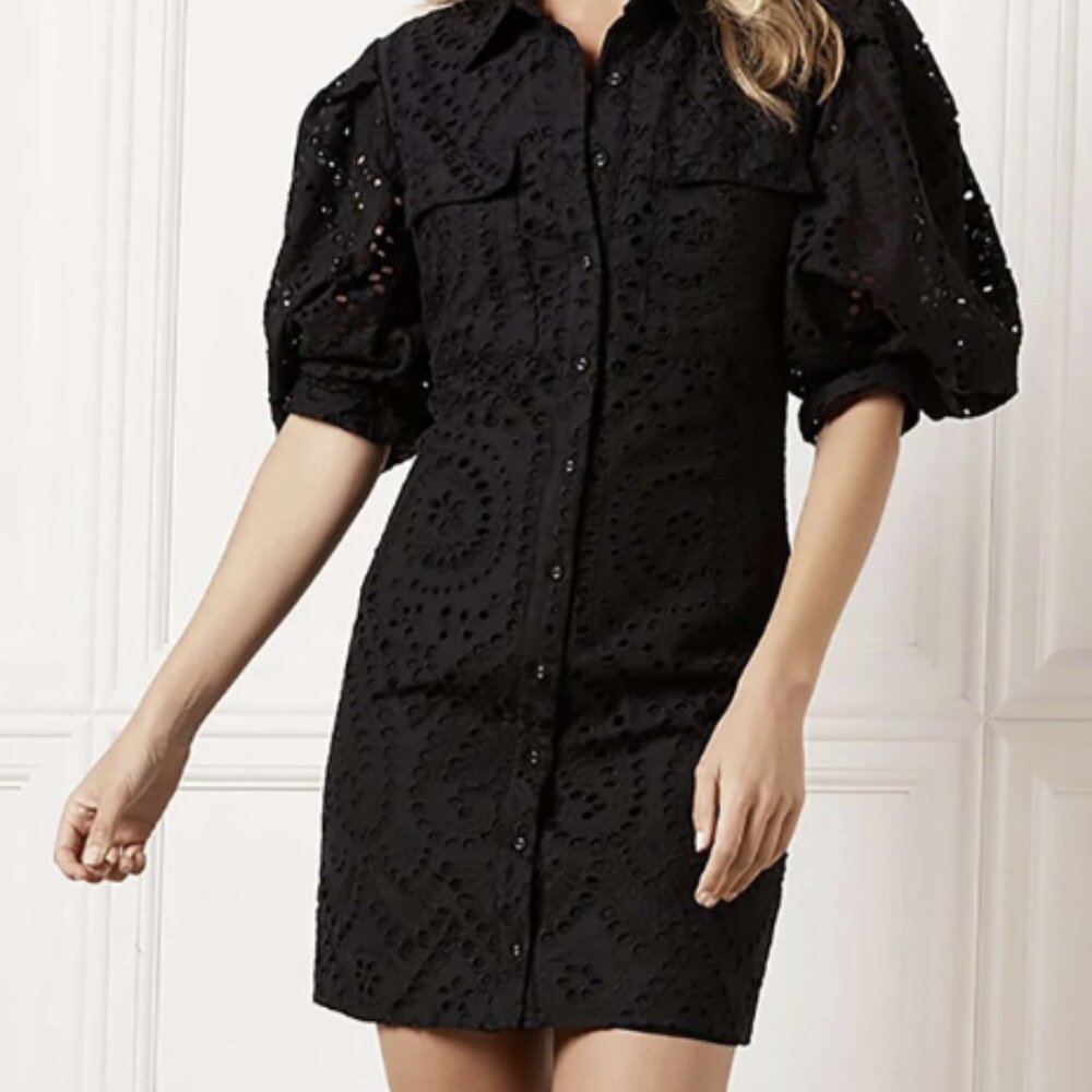 Bardot Black Eyelet Mini Dress – Size 10 – Puff Sleeve Button Front  100% Cotton